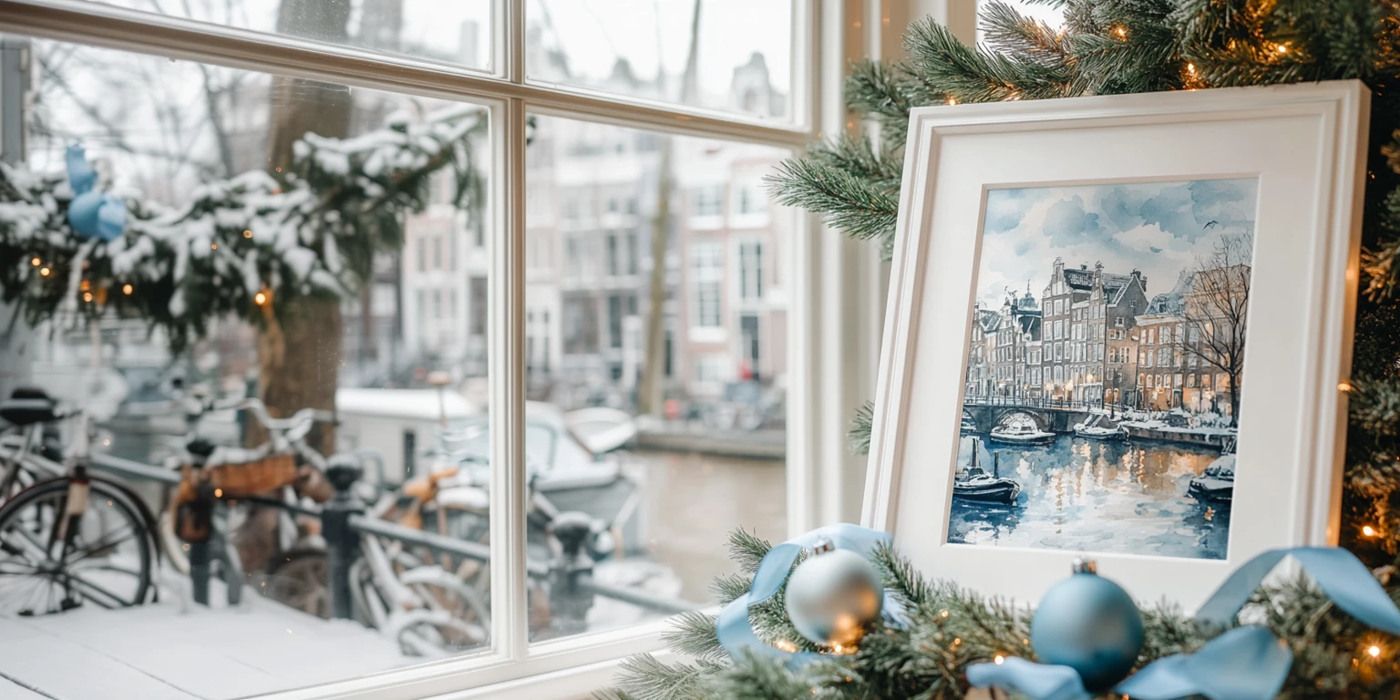 magnifique cadre blanc avec une aquarelle d'amsterdam au pied du sapin de noel pres de la fenetre